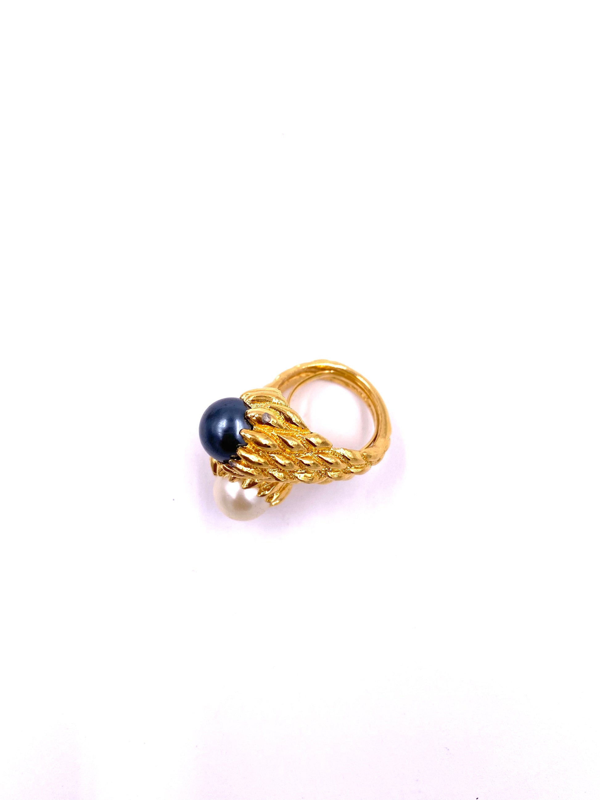 Trifari Gold Textured Two-Toned Pearl Cocktail Ring - The Kit Vintage