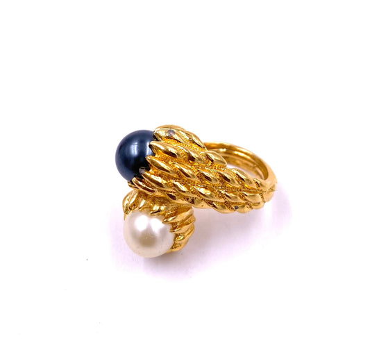 Trifari Gold Textured Two-Toned Pearl Cocktail Ring - The Kit Vintage