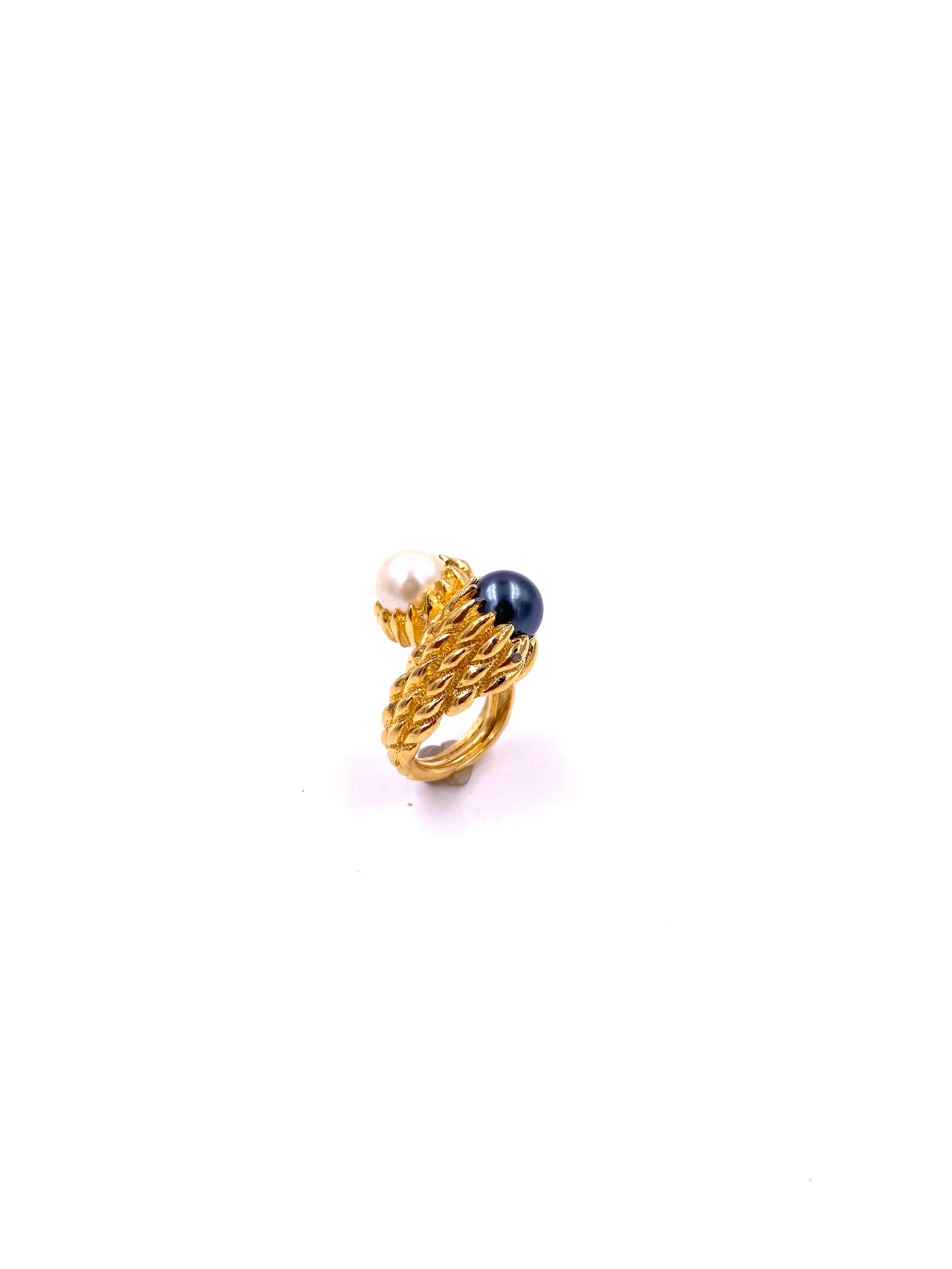 Trifari Gold Textured Two-Toned Pearl Cocktail Ring - The Kit Vintage