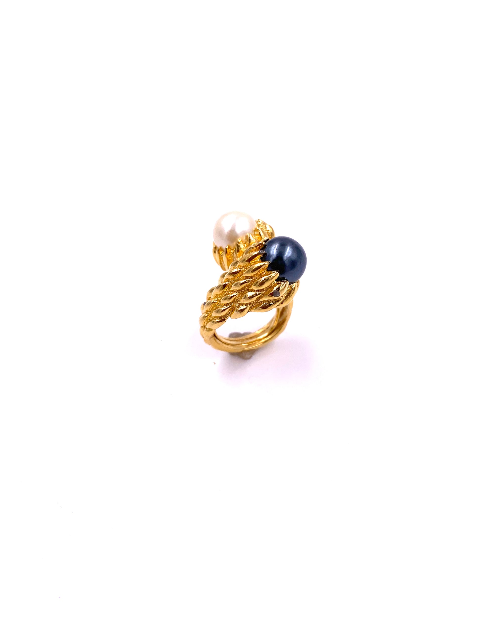 Trifari Gold Textured Two-Toned Pearl Cocktail Ring - The Kit Vintage