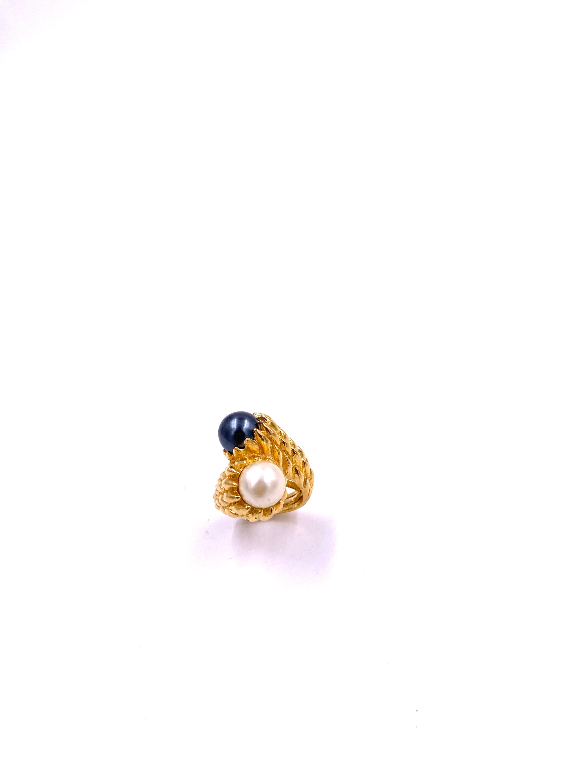 Trifari Gold Textured Two-Toned Pearl Cocktail Ring - The Kit Vintage