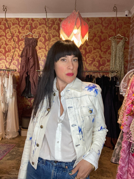 Ralph Lauren White/Blue ink stain leather cropped jacket - The Kit Vintage