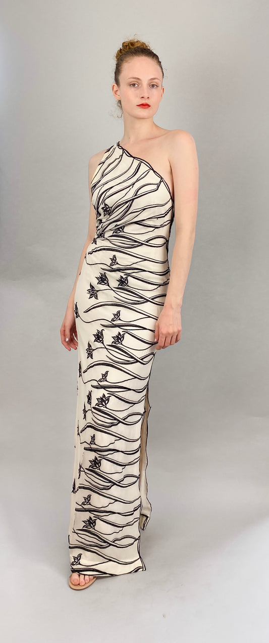 Simin Couture One Shoulder with Black Embroidery and Cut-Out Dress - The Kit Vintage