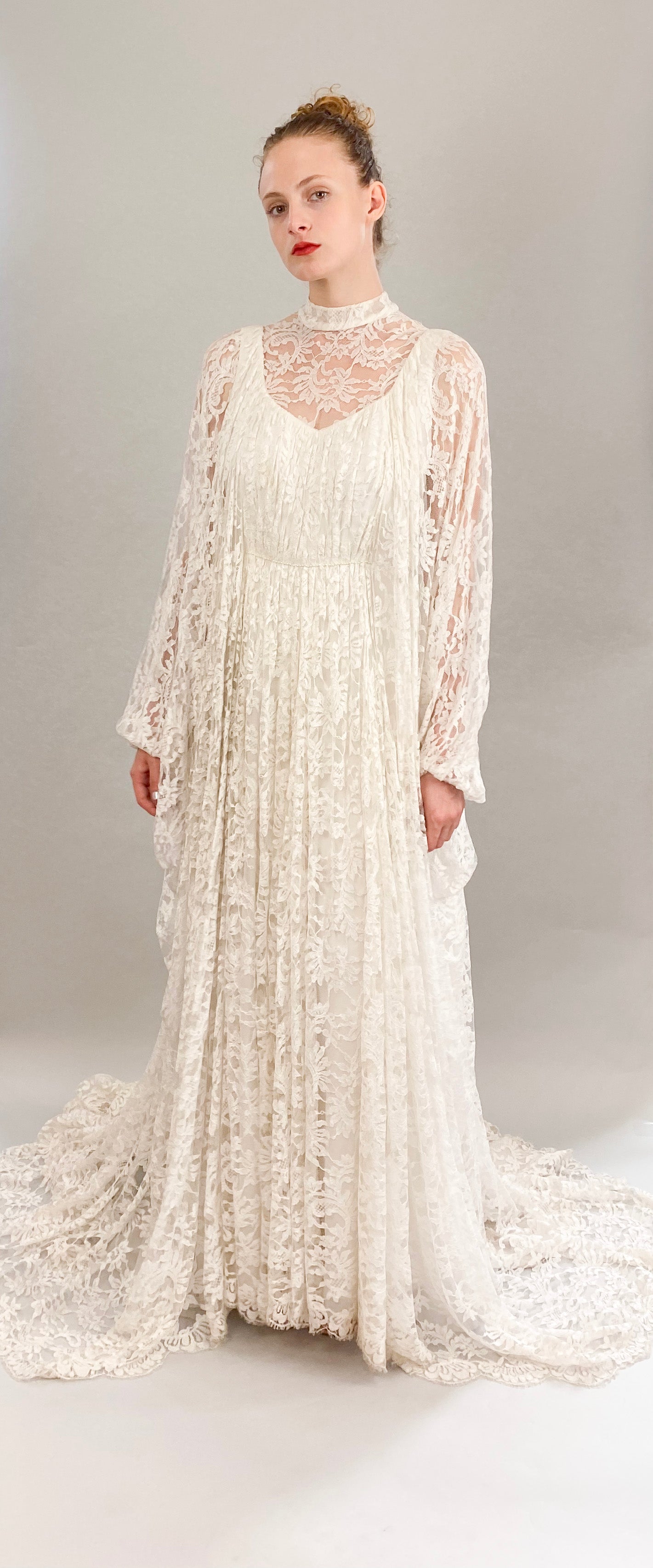Vintage White Lace Bridal Gown with Batwing Sleeves & Train - The Kit Vintage