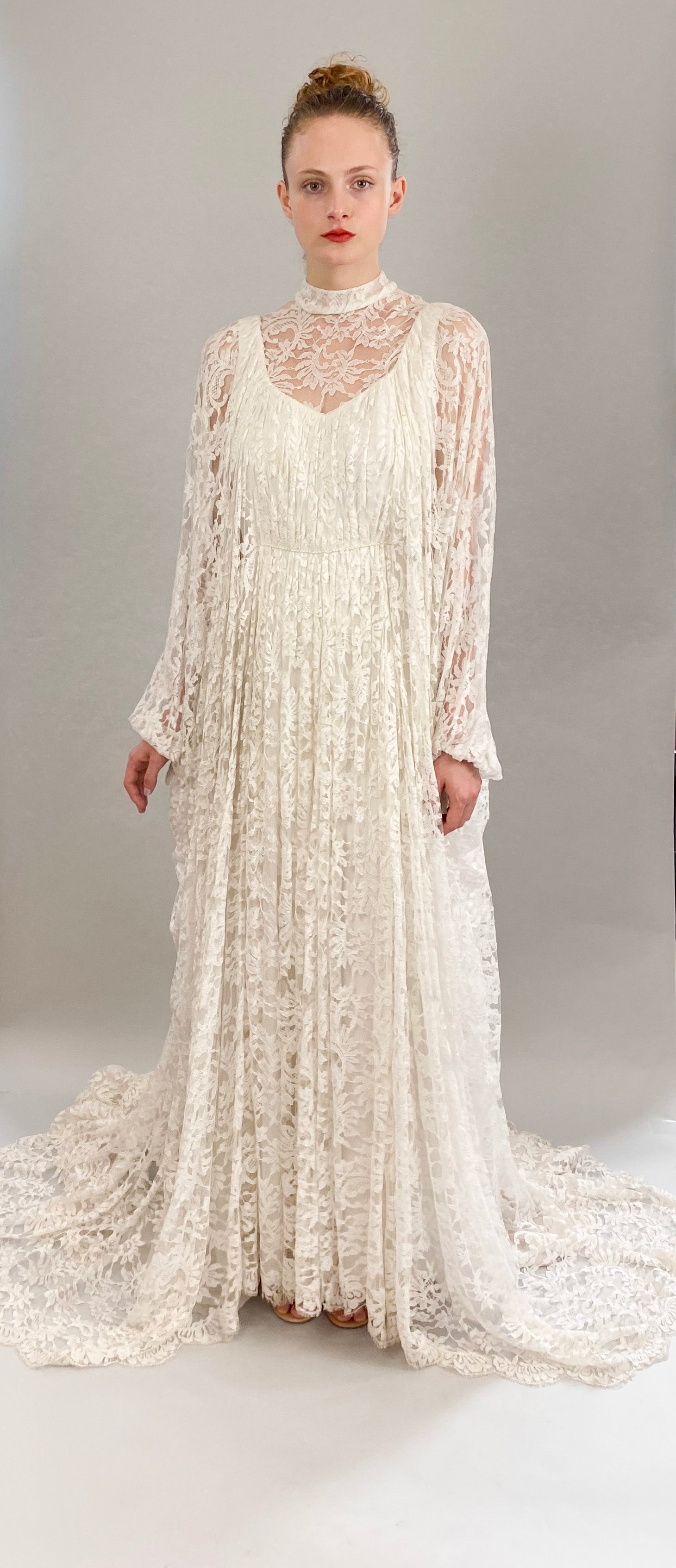 Vintage White Lace Bridal Gown with Batwing Sleeves & Train - The Kit Vintage