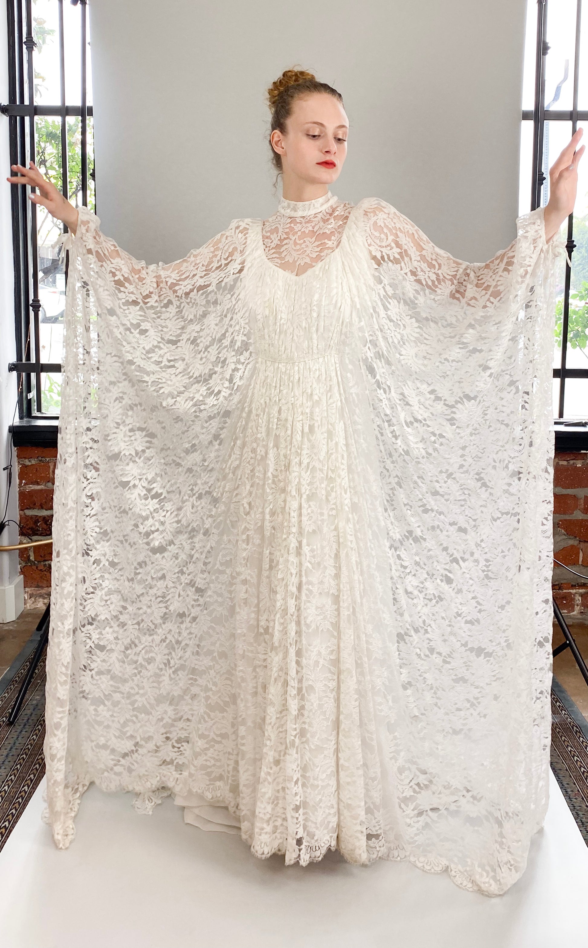 Vintage White Lace Bridal Gown with Batwing Sleeves & Train - The Kit Vintage