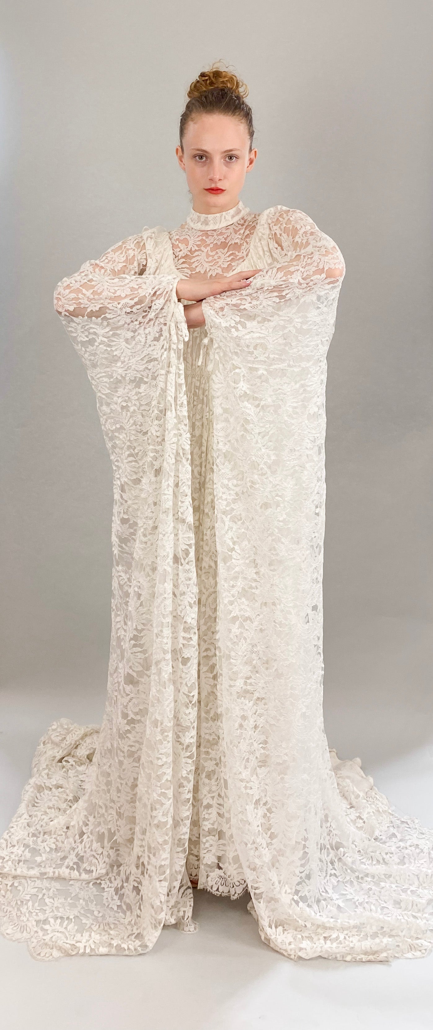 Vintage White Lace Bridal Gown with Batwing Sleeves & Train - The Kit Vintage