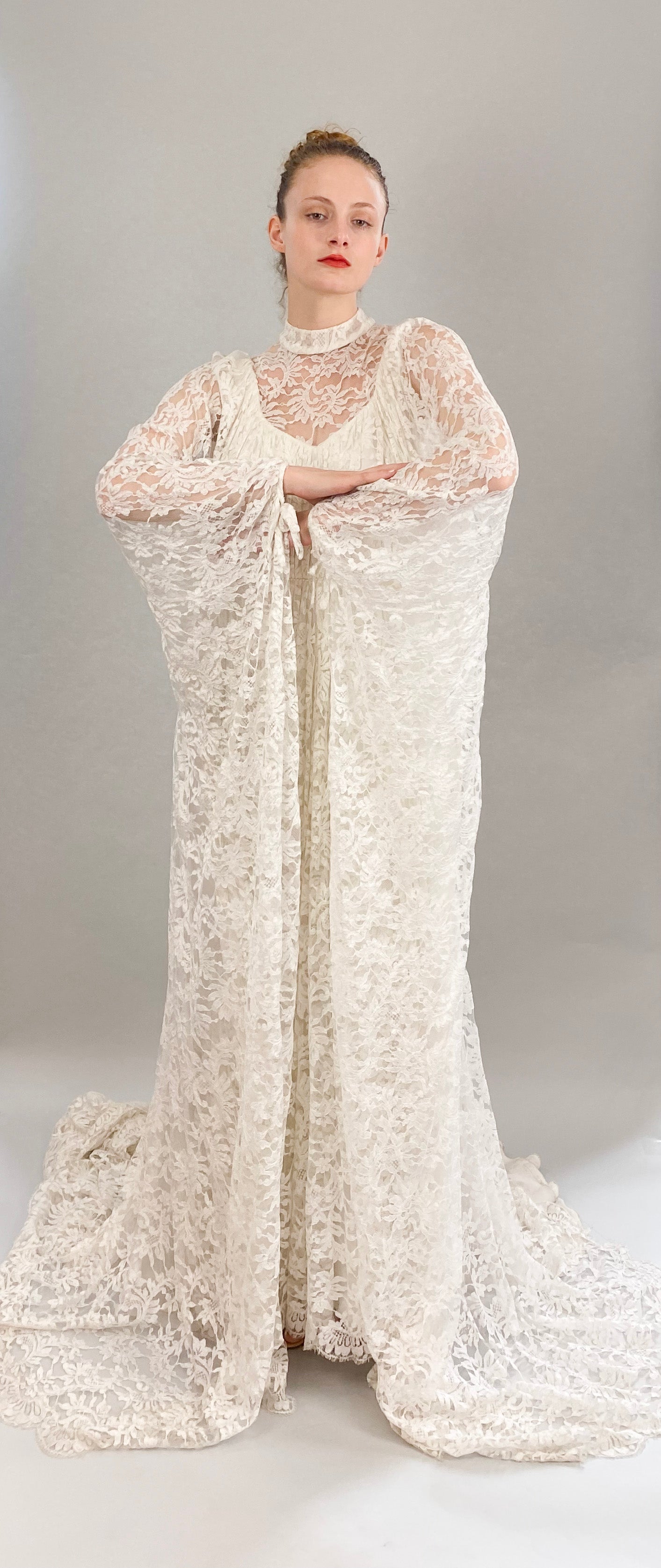 Vintage White Lace Bridal Gown with Batwing Sleeves & Train - The Kit Vintage