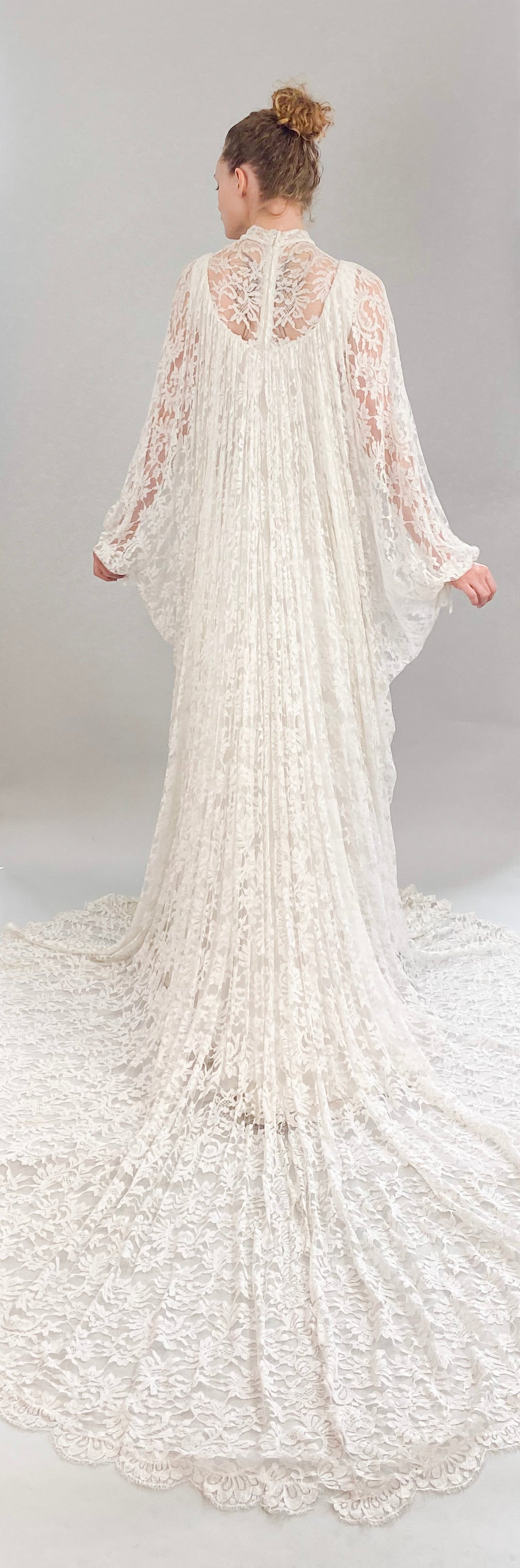 Vintage White Lace Bridal Gown with Batwing Sleeves & Train - The Kit Vintage