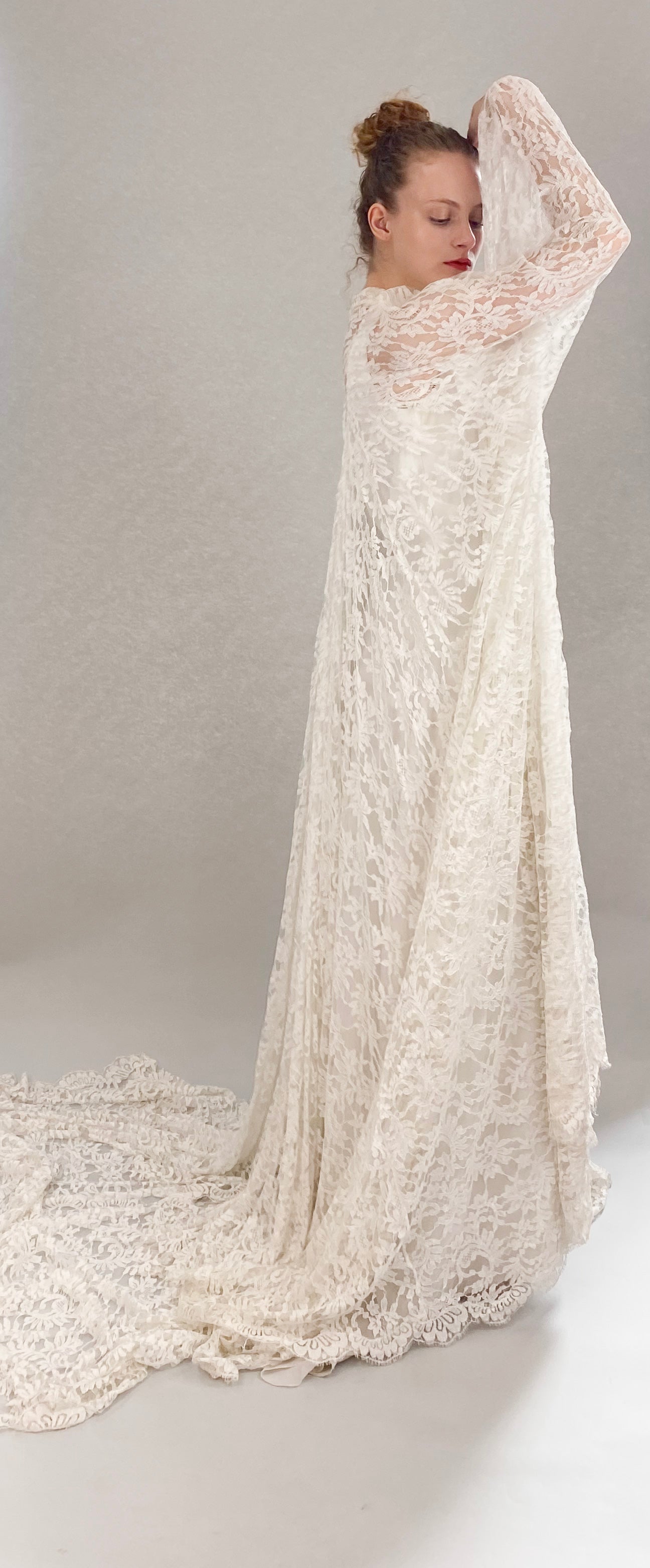 Vintage White Lace Bridal Gown with Batwing Sleeves & Train - The Kit Vintage