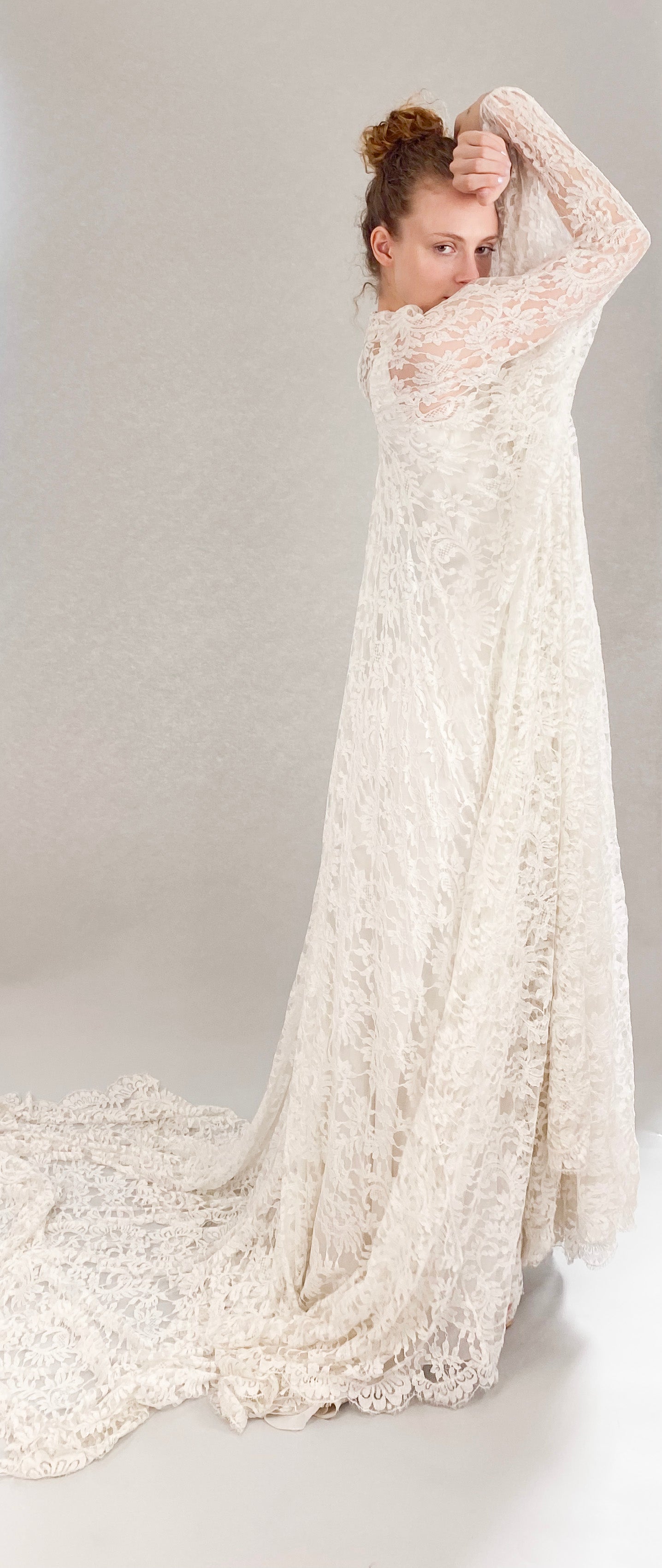Vintage White Lace Bridal Gown with Batwing Sleeves & Train - The Kit Vintage