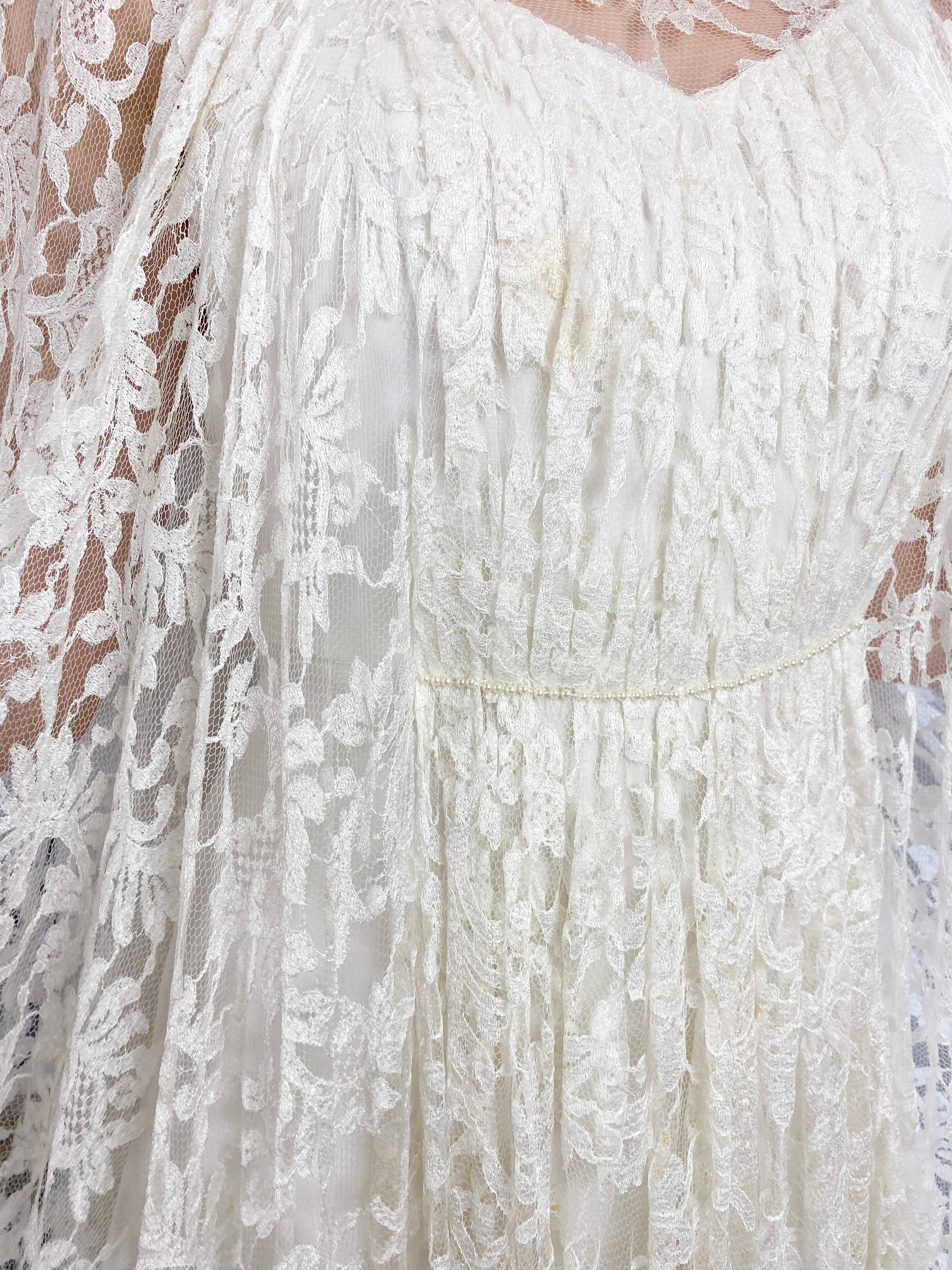 Vintage White Lace Bridal Gown with Batwing Sleeves & Train - The Kit Vintage
