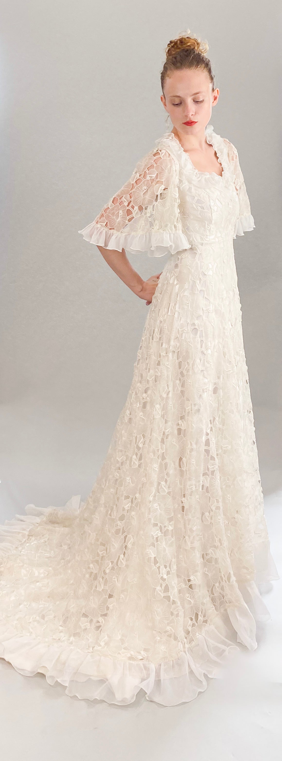 Vintage White Lace Silk Ruffle S/S High Low Wedding Gown 3/4 view