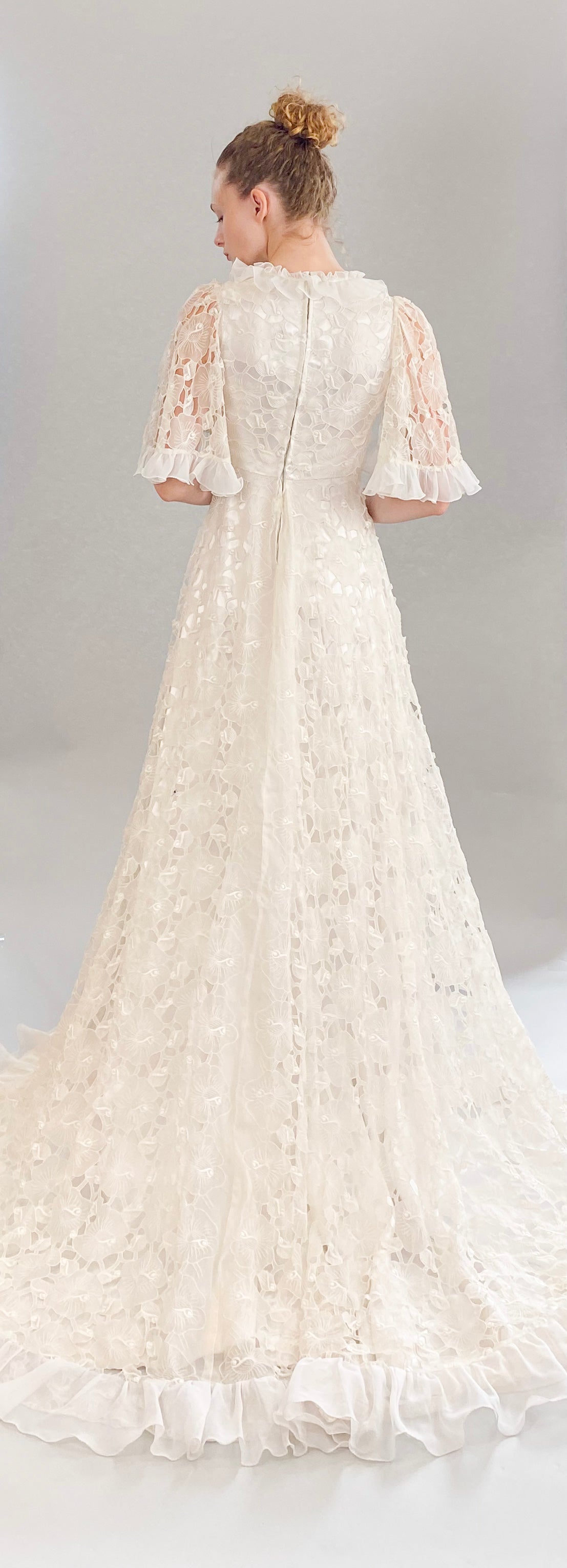 Vintage White Lace Silk Ruffle S/S High Low Wedding Gown back view