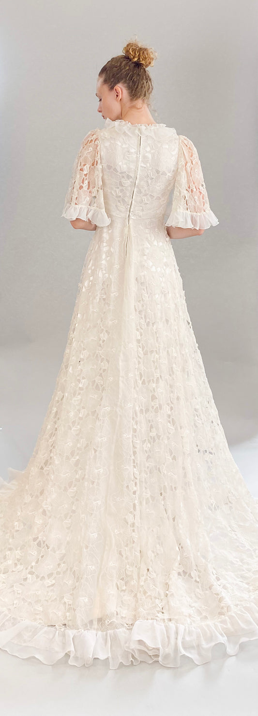 Vintage White Lace Silk Ruffle S/S High Low Wedding Gown - The Kit Vintage