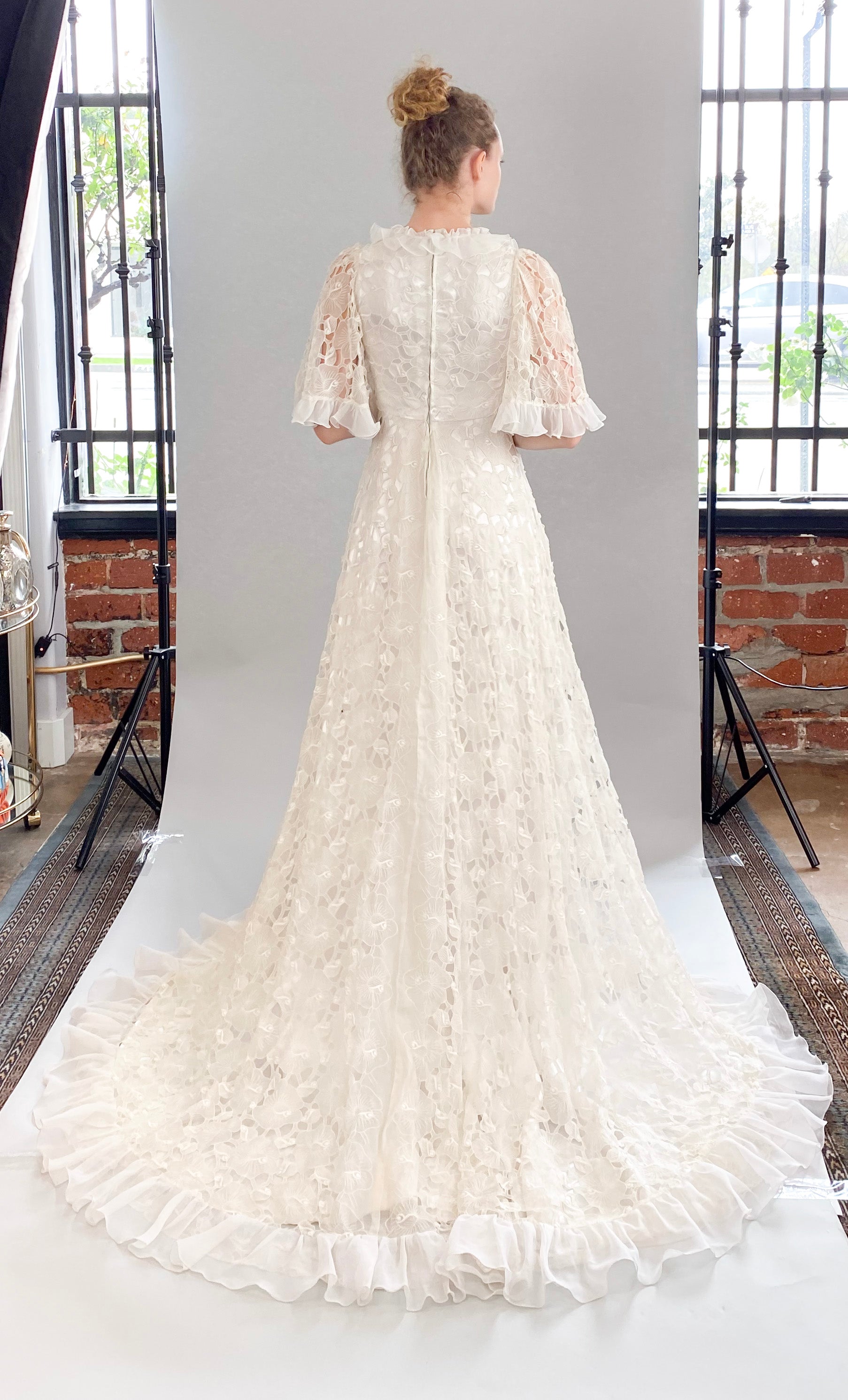 Vintage White Lace Silk Ruffle S/S High Low Wedding Gown - The Kit Vintage