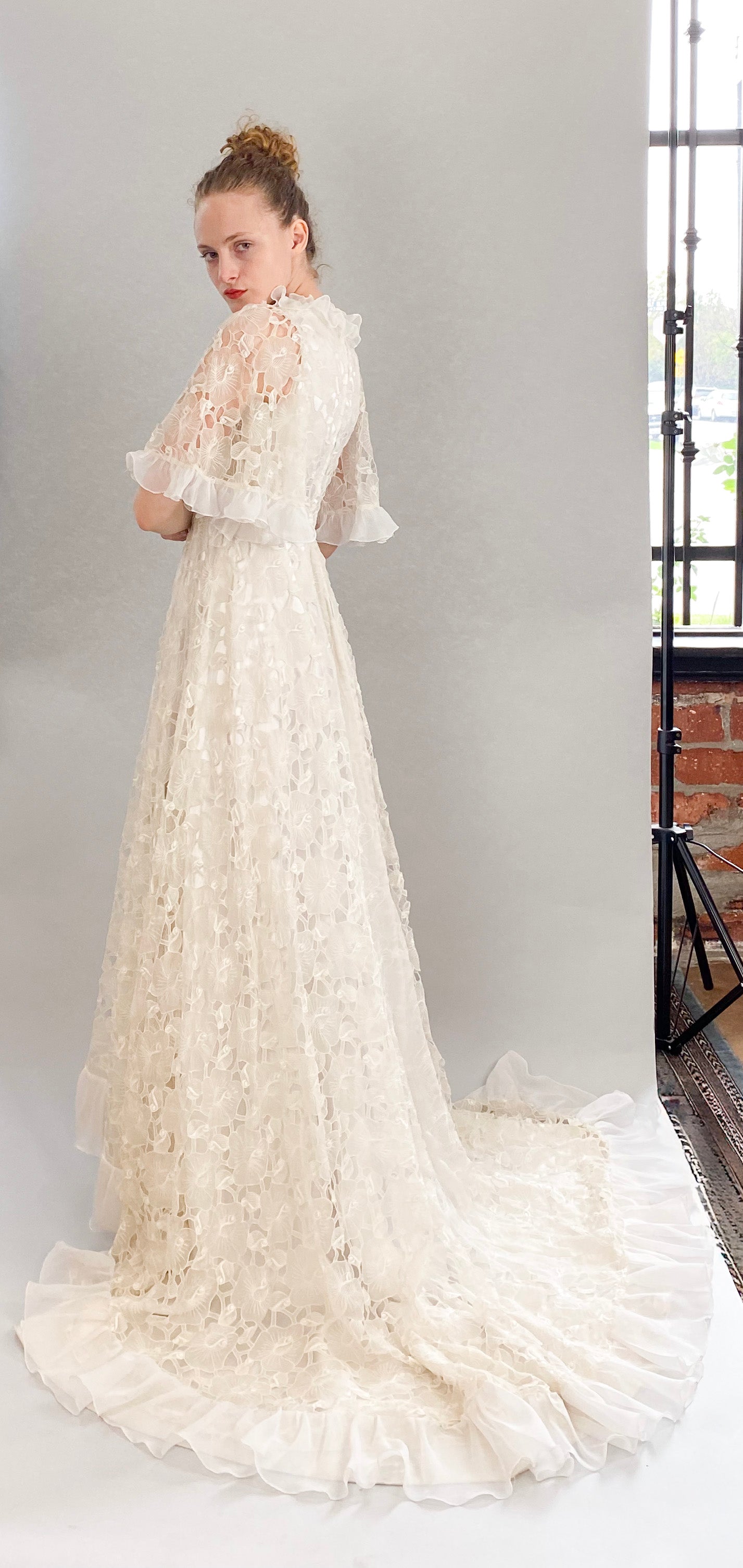 Vintage White Lace Silk Ruffle S/S High Low Wedding Gown - The Kit Vintage