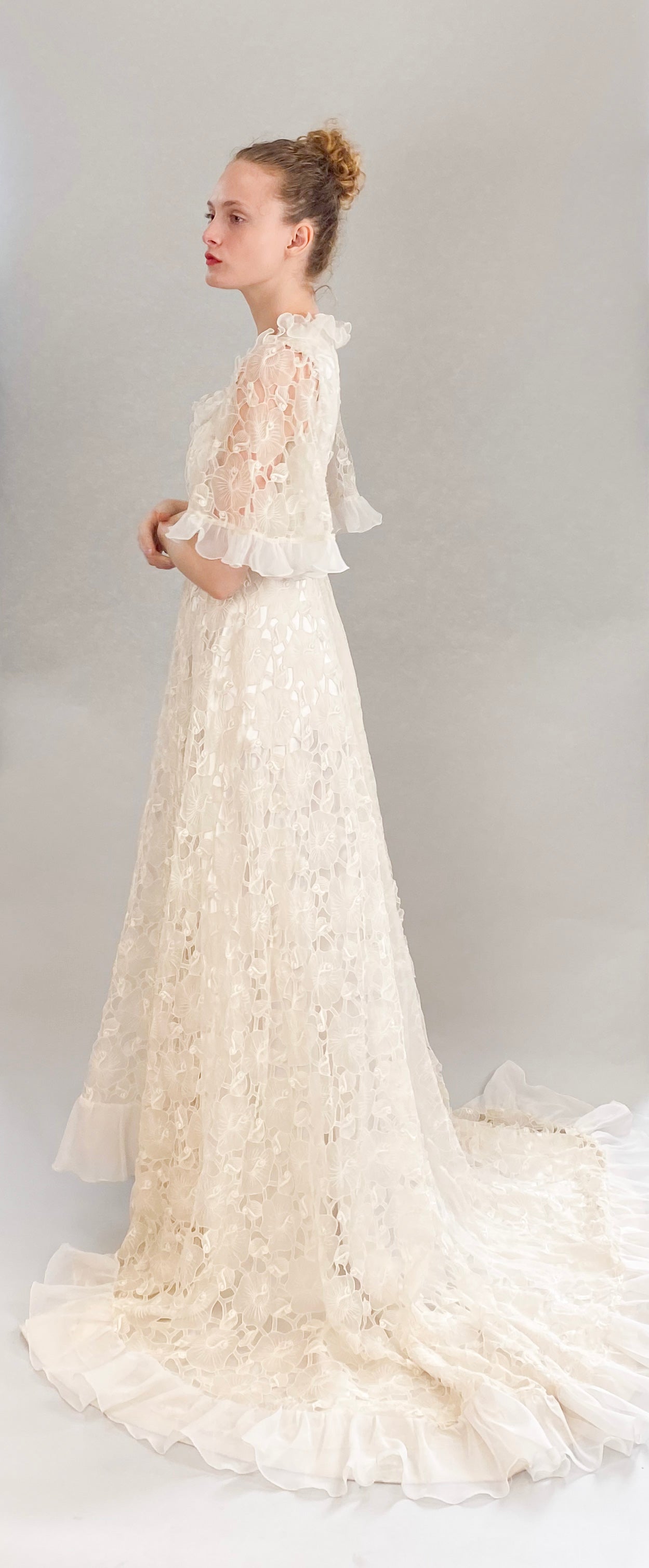 Vintage White Lace Silk Ruffle S/S High Low Wedding Gown - The Kit Vintage