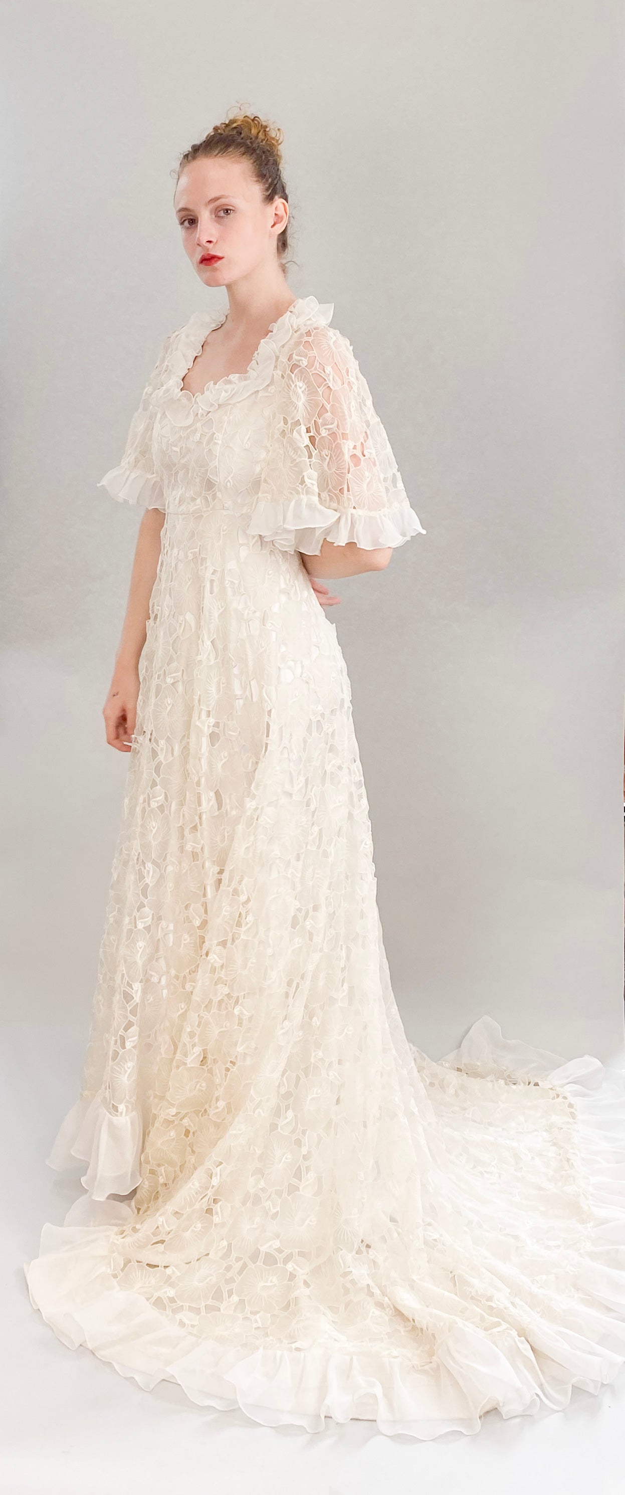 Vintage White Lace Silk Ruffle S/S High Low Wedding Gown - The Kit Vintage