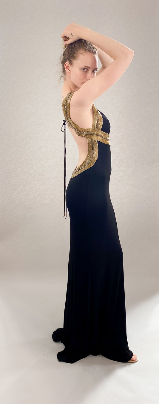 Roberto Cavalli Black Jersey Dress W Open Gold Beaded Back - The Kit Vintage