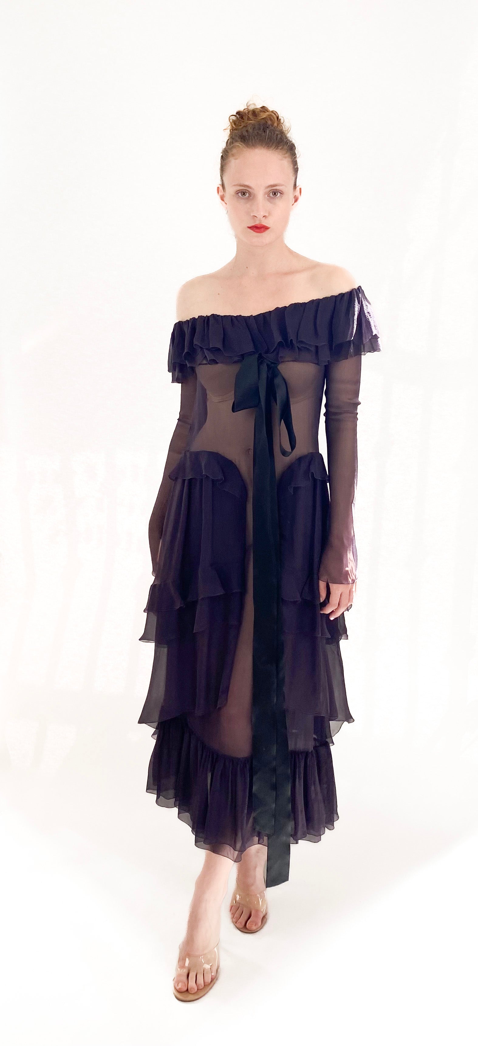 Chanel F/W 2003 Plum Silk Off the Shoulder Ruffle Dropped Waist Dress The Kit Vintage Chanel F/W 2003 Plum Silk Off the Shoulder Ruffle Dropped Waist Dress The Kit Vintage