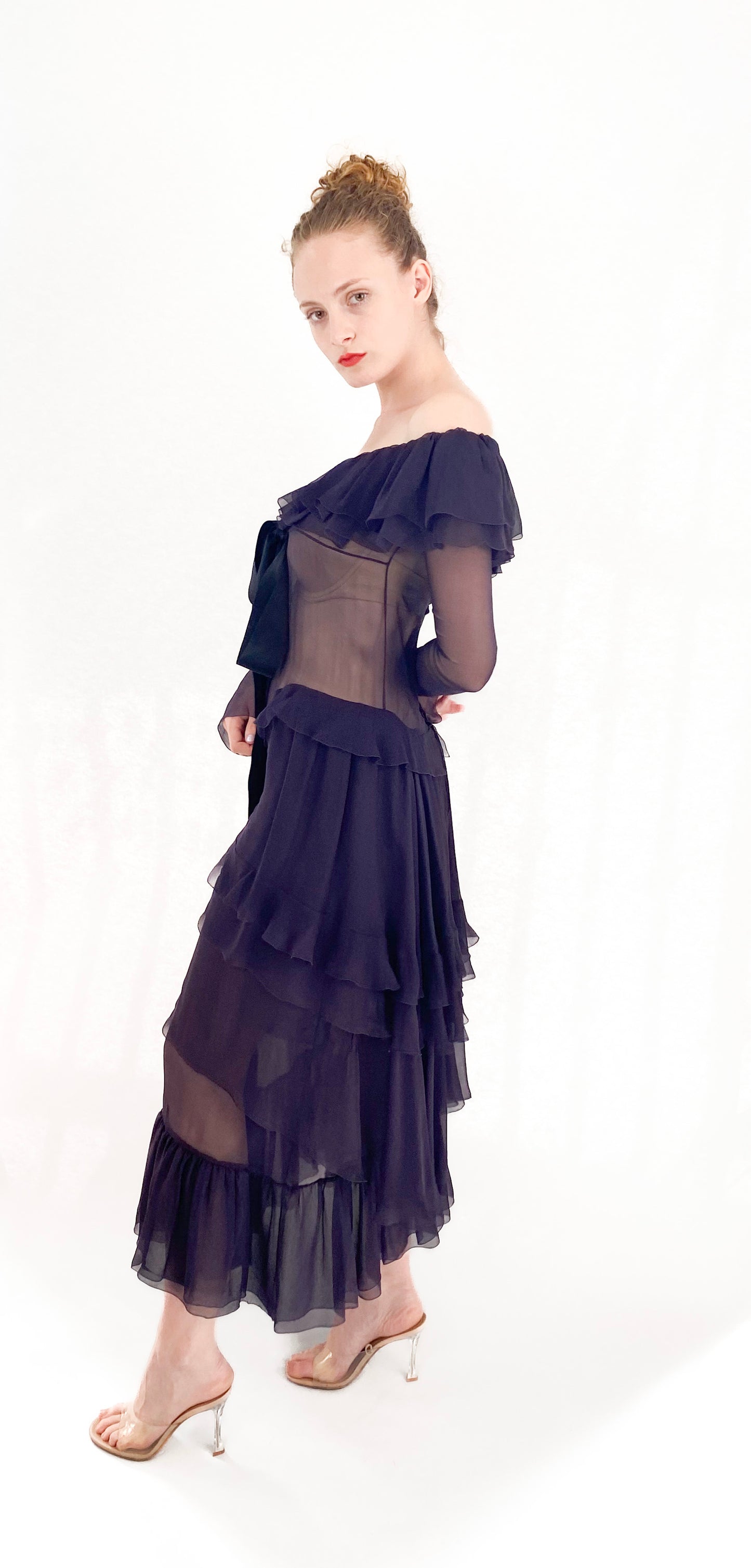 Chanel F/W 2003 RTW Plum Silk Off the Shoulder Ruffle Dropped Waist Dress side view