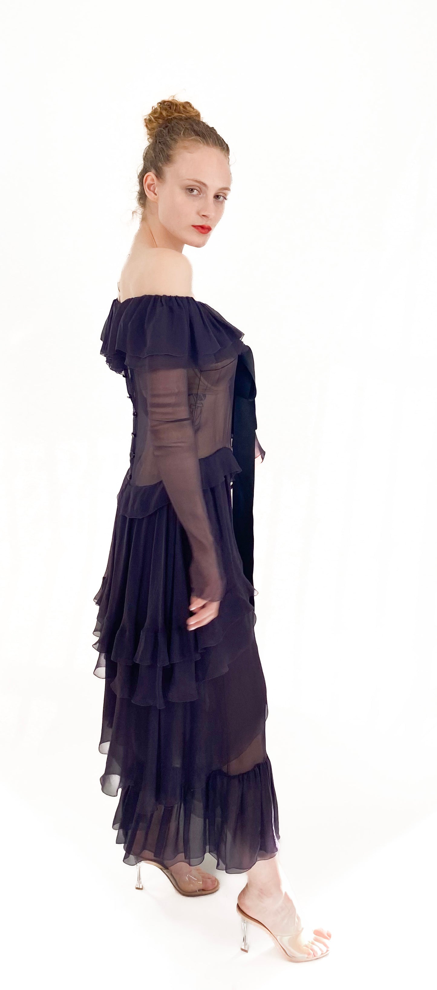 Chanel F/W 2003 RTW Plum Silk Off the Shoulder Ruffle Dropped Waist Dress side view