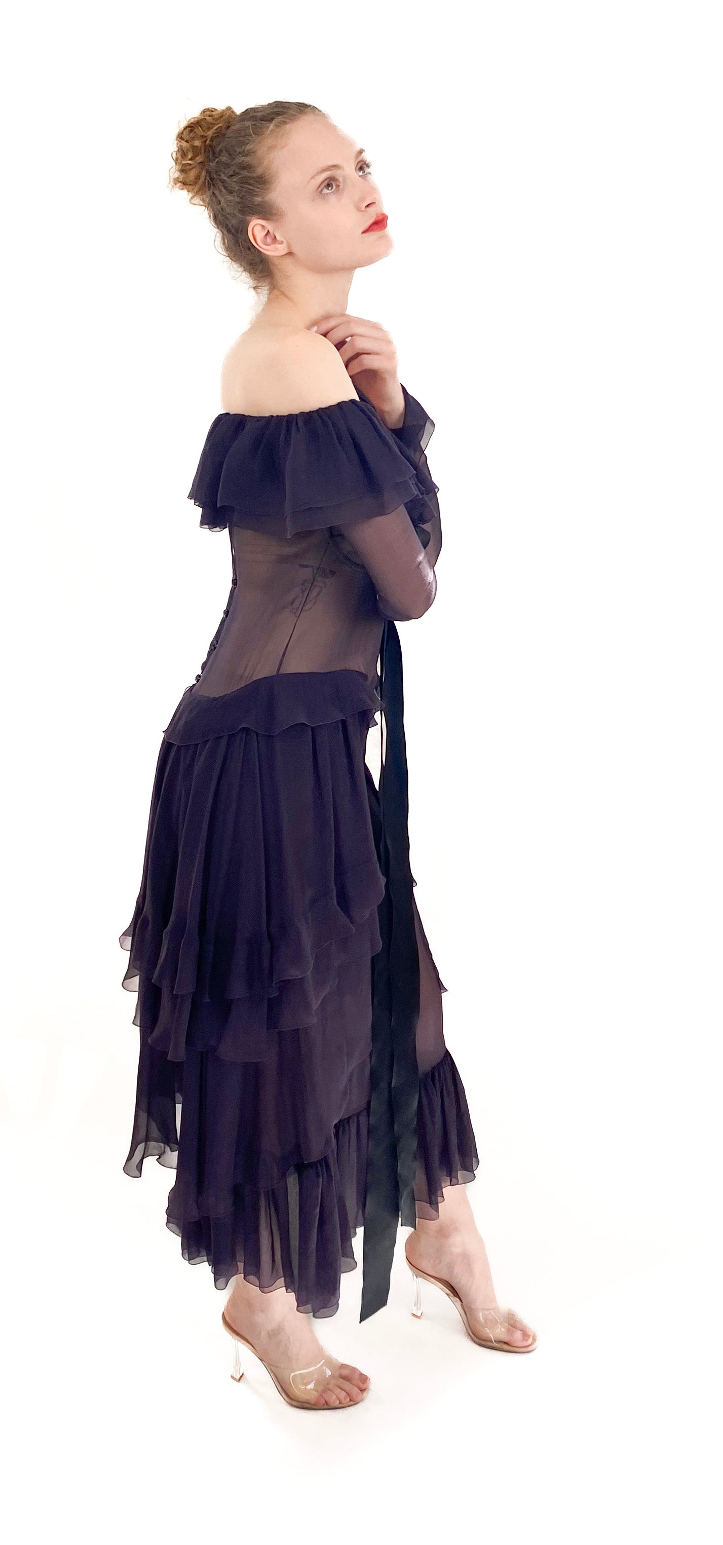 Chanel F/W 2003 RTW Plum Silk Off the Shoulder Ruffle Dropped Waist Dress side view