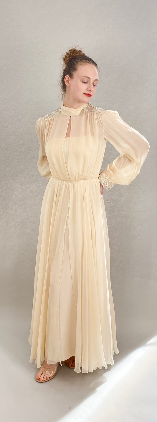 Jean Louis Ivory Silk Chiffon Beaded Shoulder Dress