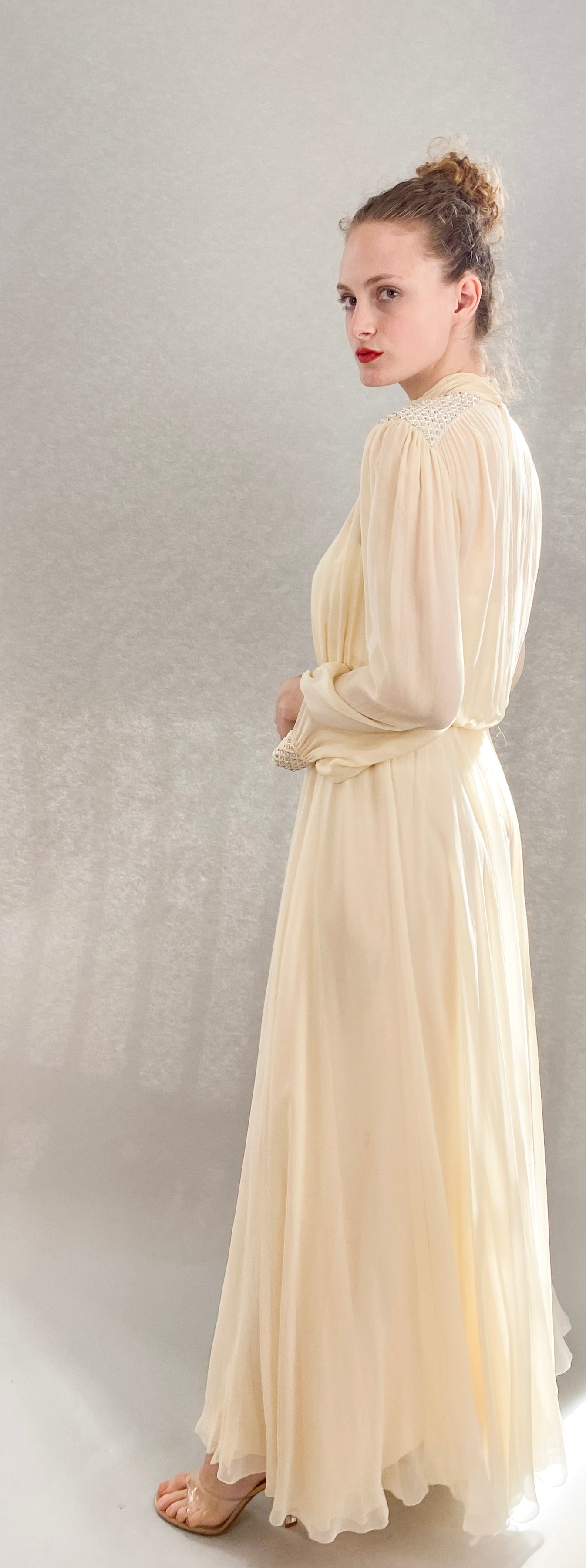 Vintage Jean Louis Ivory Silk Chiffon Beaded Shoulder Dress - The Kit Vintage