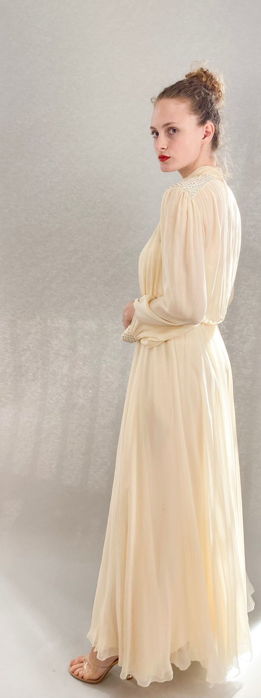 Vintage Jean Louis Ivory Silk Chiffon Beaded Shoulder Dress - The Kit Vintage