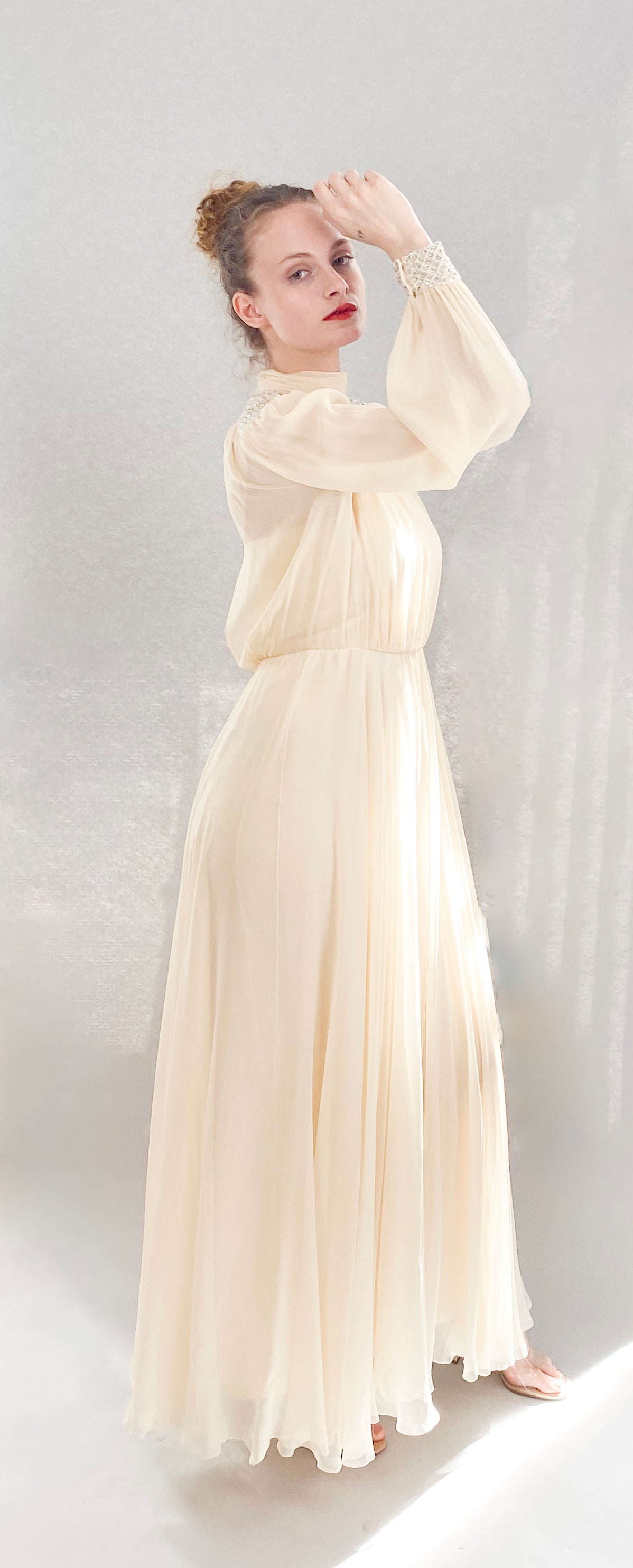 Vintage Jean Louis Ivory Silk Chiffon Beaded Shoulder Dress - The Kit Vintage