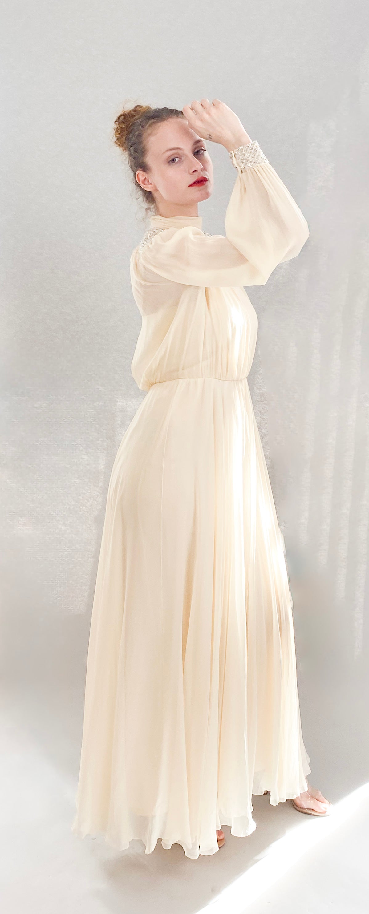 Jean Louis Ivory Silk Chiffon Beaded Shoulder Dress