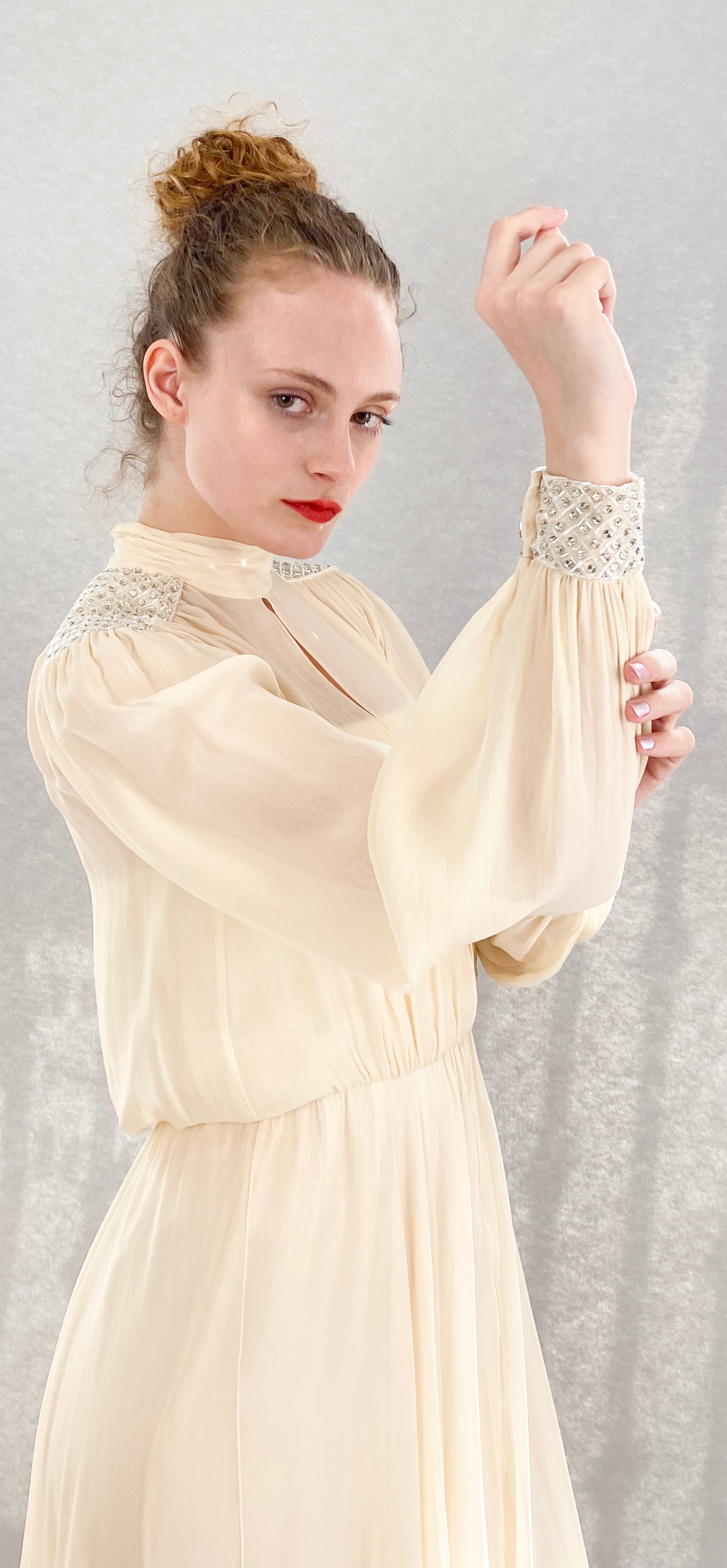 Jean Louis Ivory Silk Chiffon Beaded Shoulder Dress
