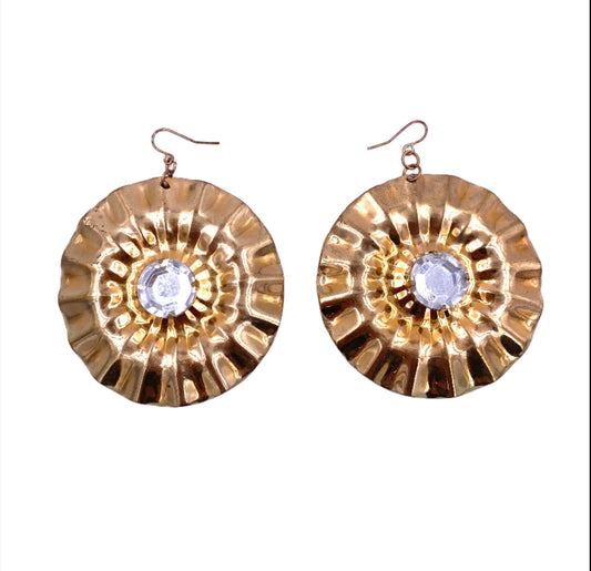 Vintage Large Round Gold Earrings with Large Center Crystal