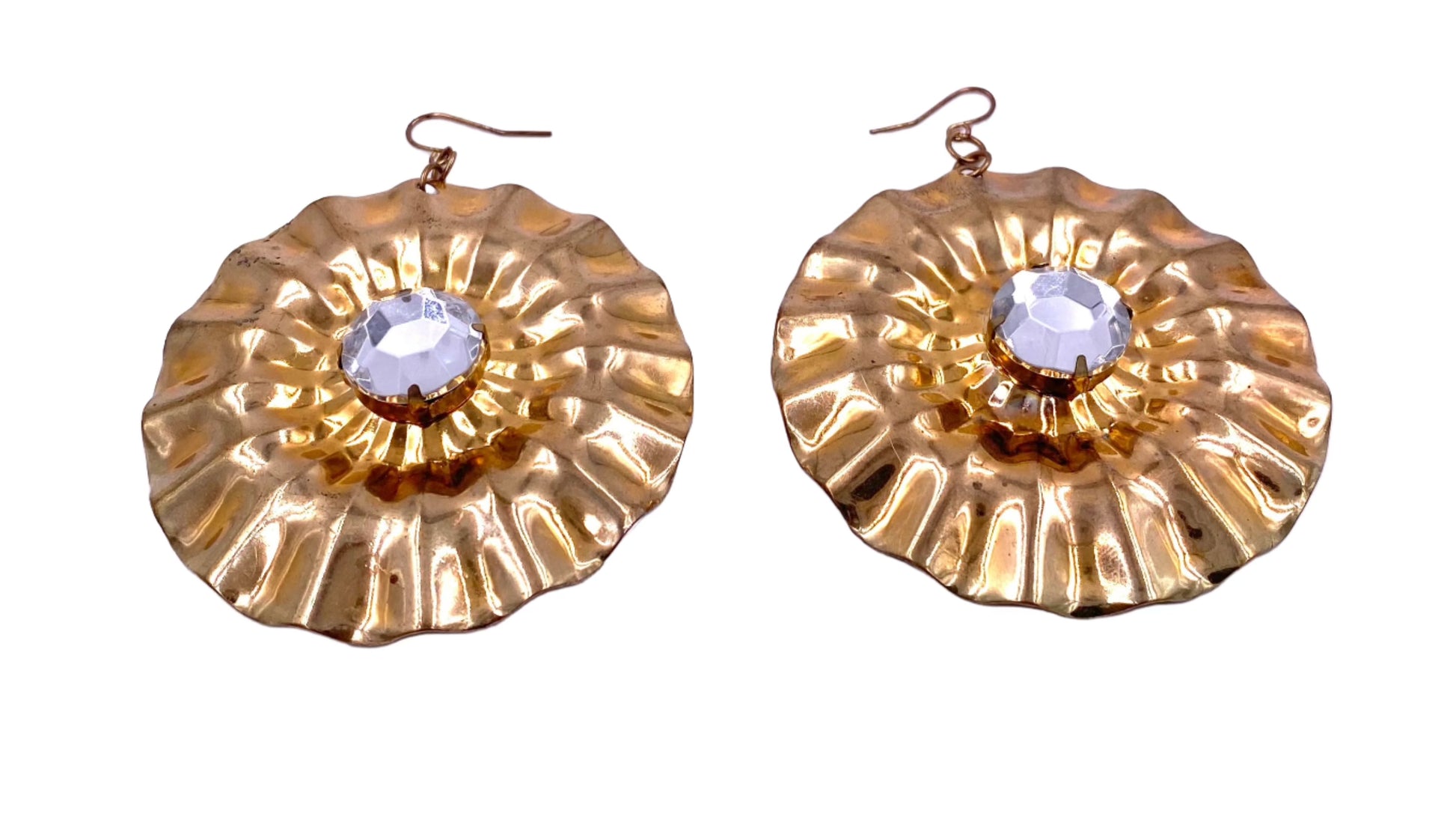 Vintage Large Round Gold Earrings with Large Center Crystal - The Kit Vintage