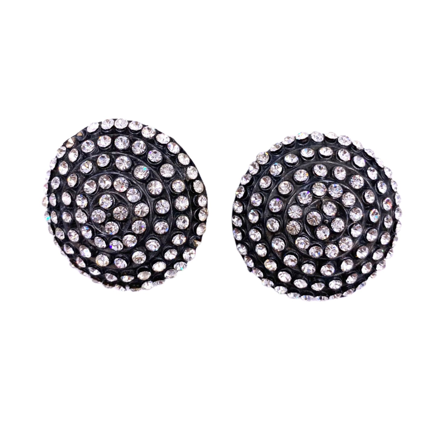 Vintage Parisian GunMetal Circlular Clip-On Crystal Earrings