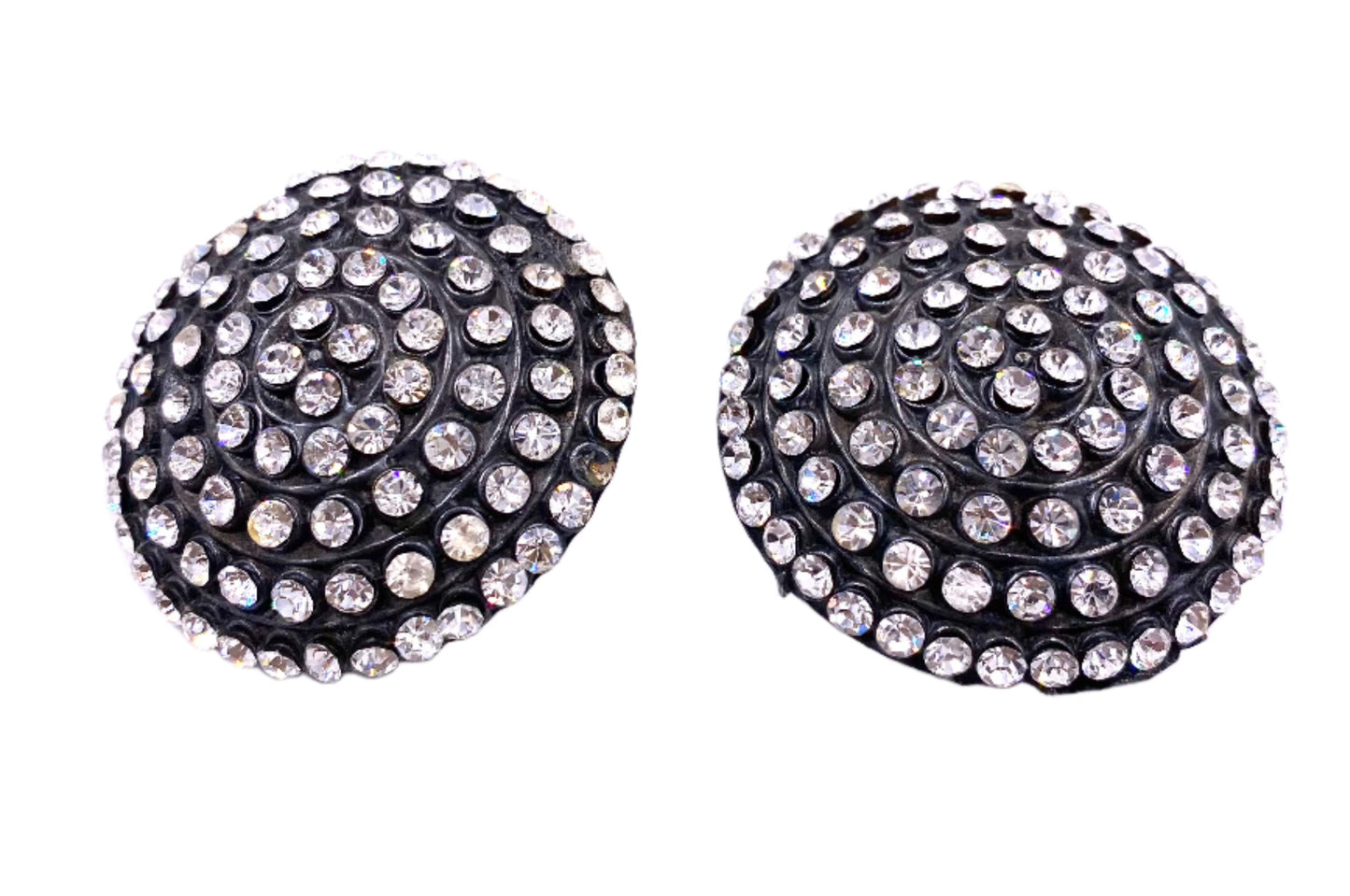 Vintage Parisian GunMetal Circlular Clip-On Crystal Earrings