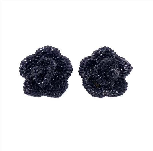 Vintage Large Black Stone Rose Clip-On Earrings - The Kit Vintage