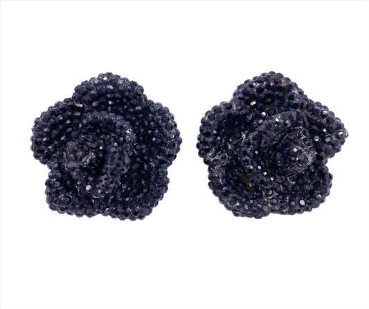 Vintage Large Black Stone Rose Clip-On Earrings - The Kit Vintage