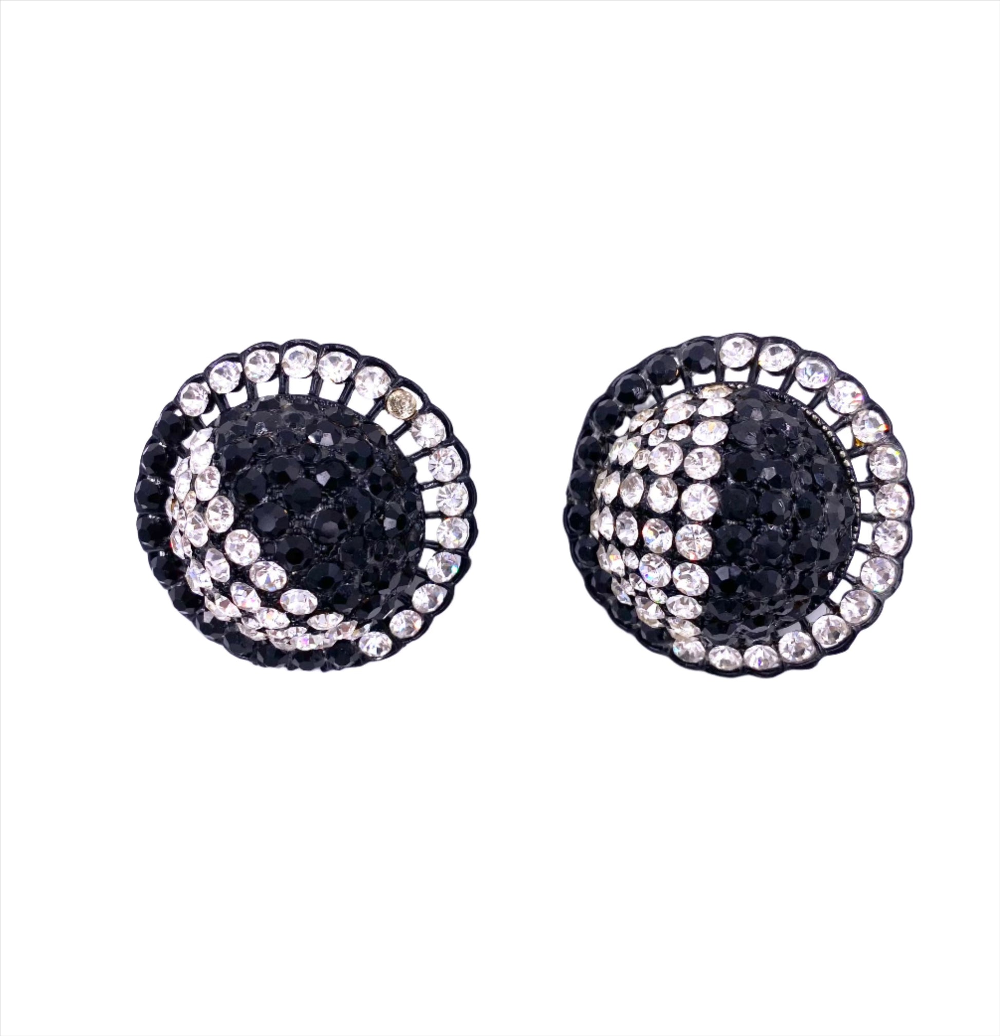 Vintage Black/White Round Crystal Clip-On Earrings - The Kit Vintage