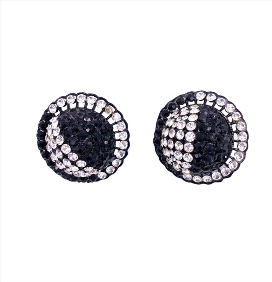 Vintage Black/White Round Crystal Clip-On Earrings