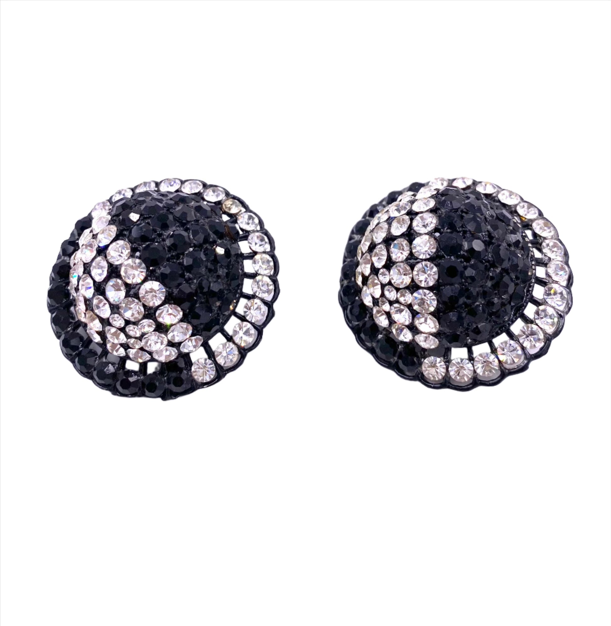 Vintage Black/White Round Crystal Clip-On Earrings - The Kit Vintage
