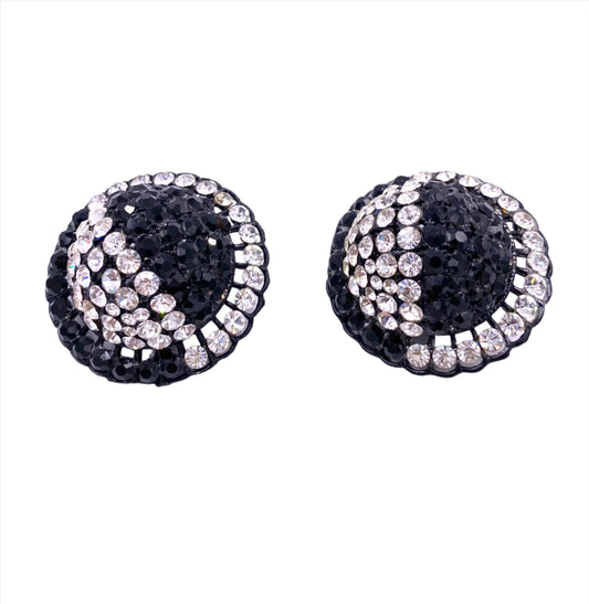 Vintage Black/White Round Crystal Clip-On Earrings - The Kit Vintage
