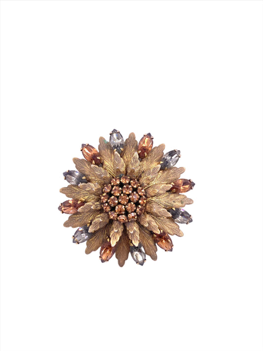 Vintage Gold Floral Brooch with center Cluster stone - The Kit Vintage