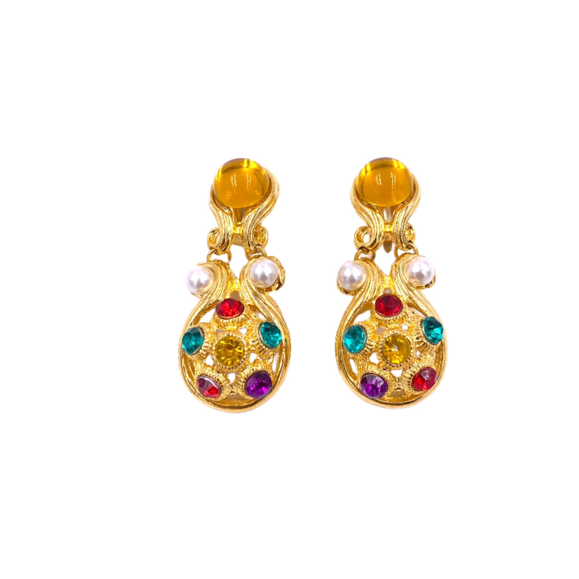 Vintage Cabochon Stone & Gold Dangle Earrings - The Kit Vintage