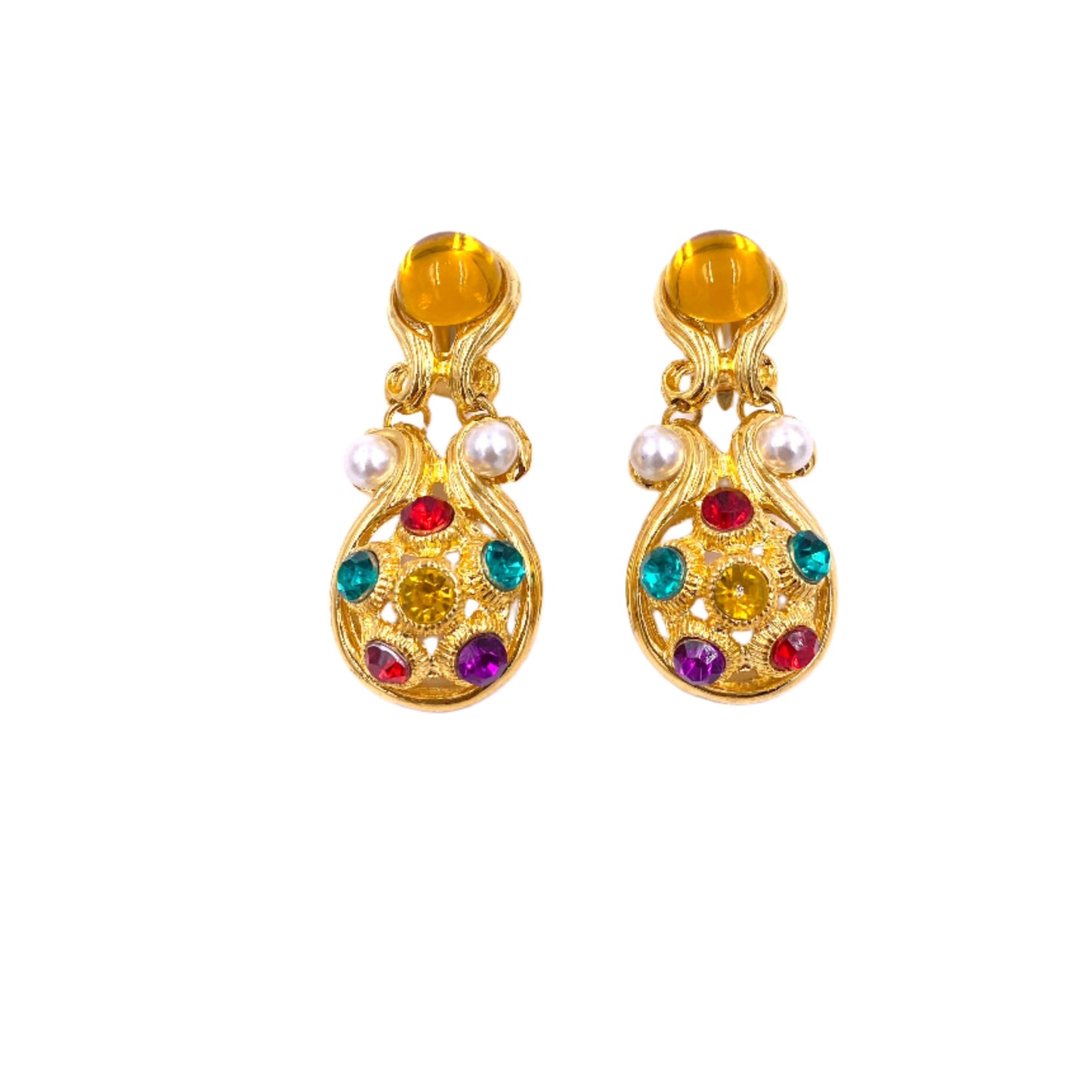 Vintage Cabochon Stone & Gold Dangle Earrings multicolor