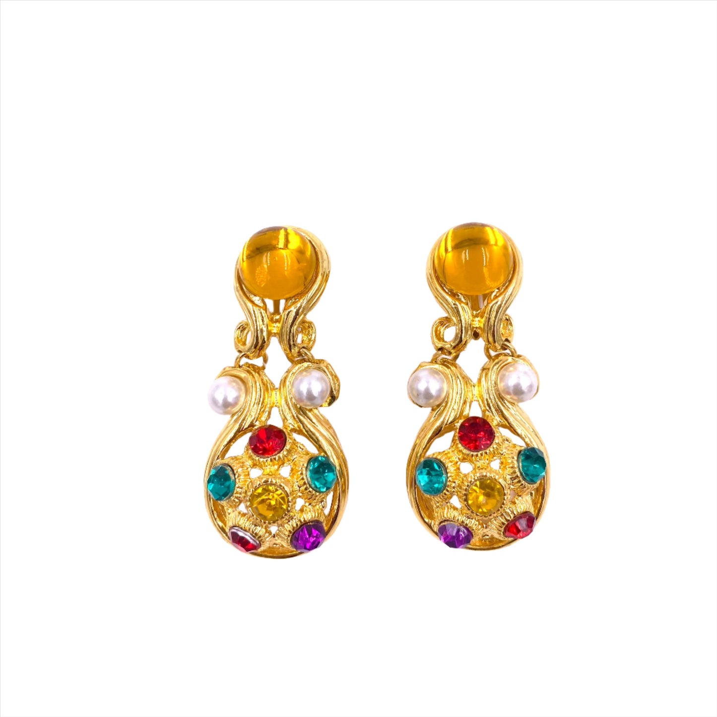 Vintage Cabochon Stone & Gold Dangle Earrings
