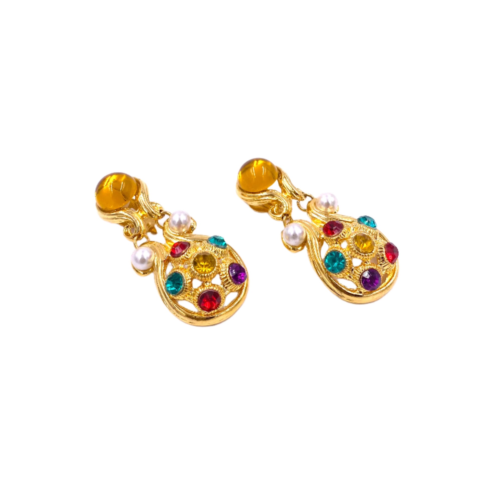 Vintage Cabochon Stone & Gold Dangle Earrings - The Kit Vintage