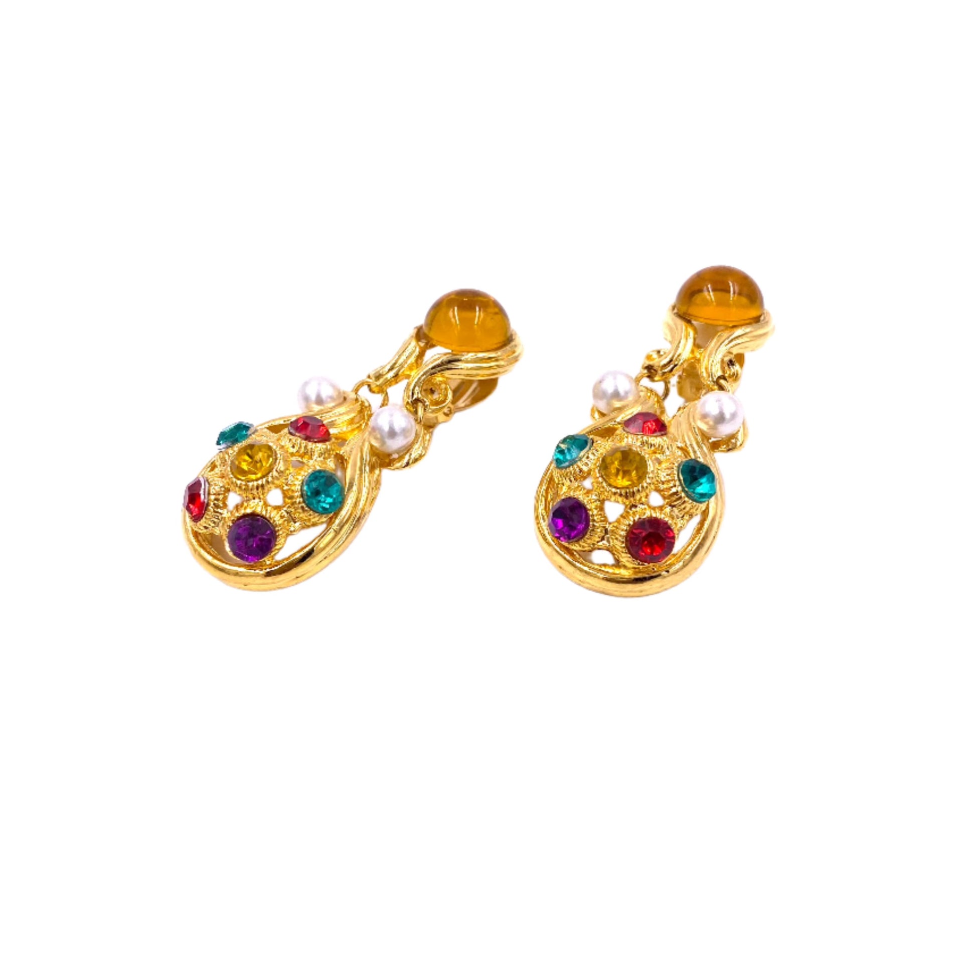 Vintage Cabochon Stone & Gold Dangle Earrings - The Kit Vintage